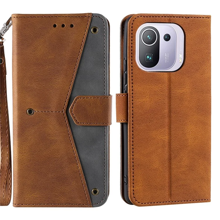 Capa Protetora de Couro PU de Toque de Pele, Costura e Emenda para Xiaomi Mi 11 Pro - Marrom