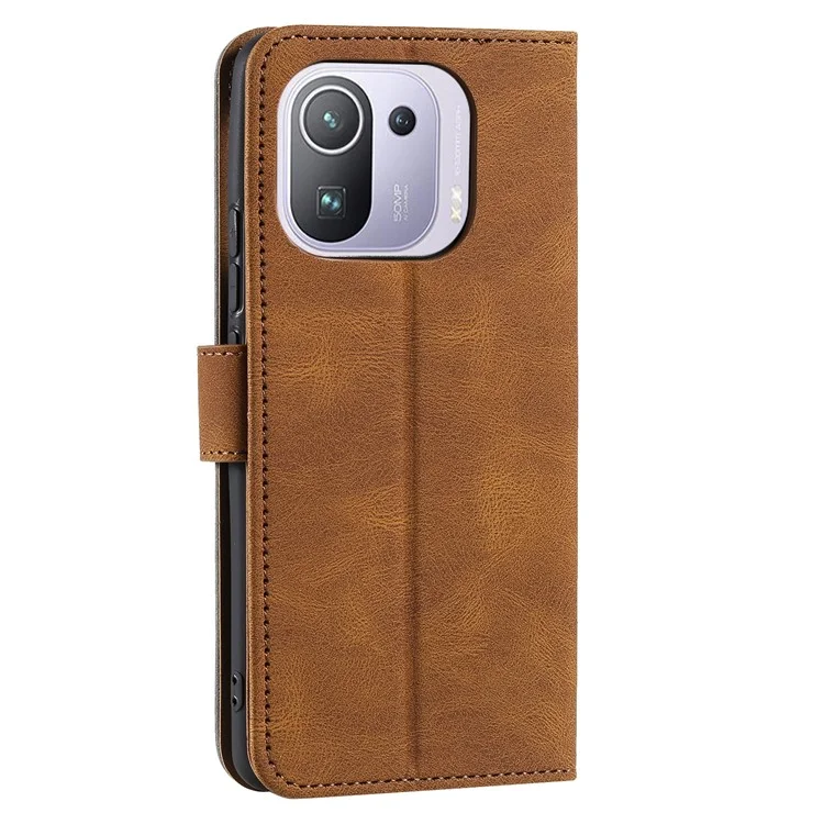 Capa Protetora de Couro PU de Toque de Pele, Costura e Emenda para Xiaomi Mi 11 Pro - Marrom