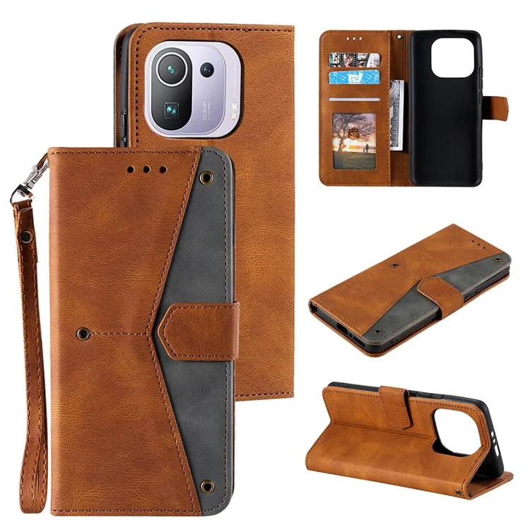 Capa Protetora de Couro PU de Toque de Pele, Costura e Emenda para Xiaomi Mi 11 Pro - Marrom