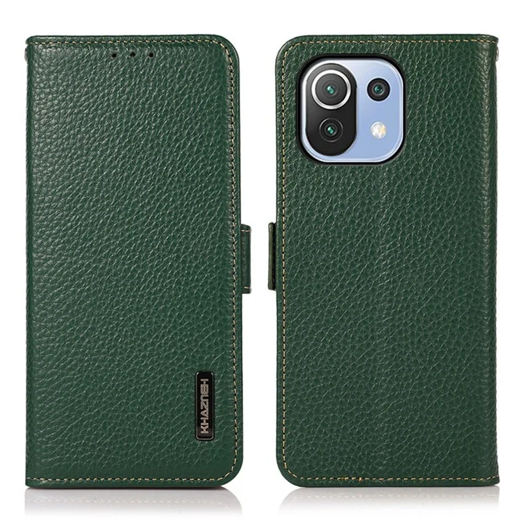 KHAZNEH Anti-theft Swiping RFID Blocking Litchi Skin Genuine Leather Stand Phone Case with Wallet Design for Xiaomi Mi 11 Lite 4G / 5G / 11 Lite 5G NE - Verde