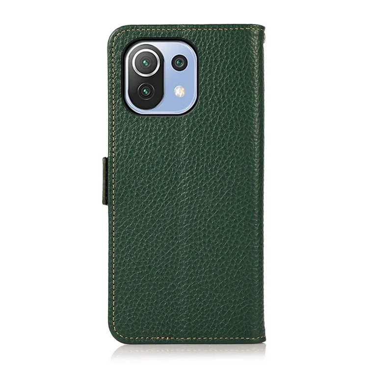 KHAZNEH Anti-theft Swiping RFID Blocking Litchi Skin Genuine Leather Stand Phone Case with Wallet Design for Xiaomi Mi 11 Lite 4G / 5G / 11 Lite 5G NE - Verde