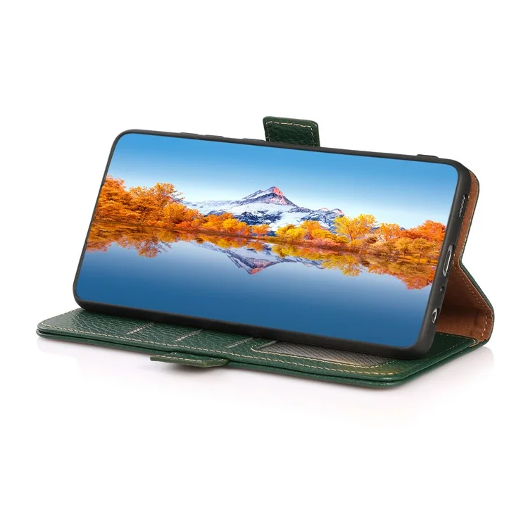 KHAZNEH Anti-theft Swiping RFID Blocking Litchi Skin Genuine Leather Stand Phone Case with Wallet Design for Xiaomi Mi 11 Lite 4G / 5G / 11 Lite 5G NE - Verde