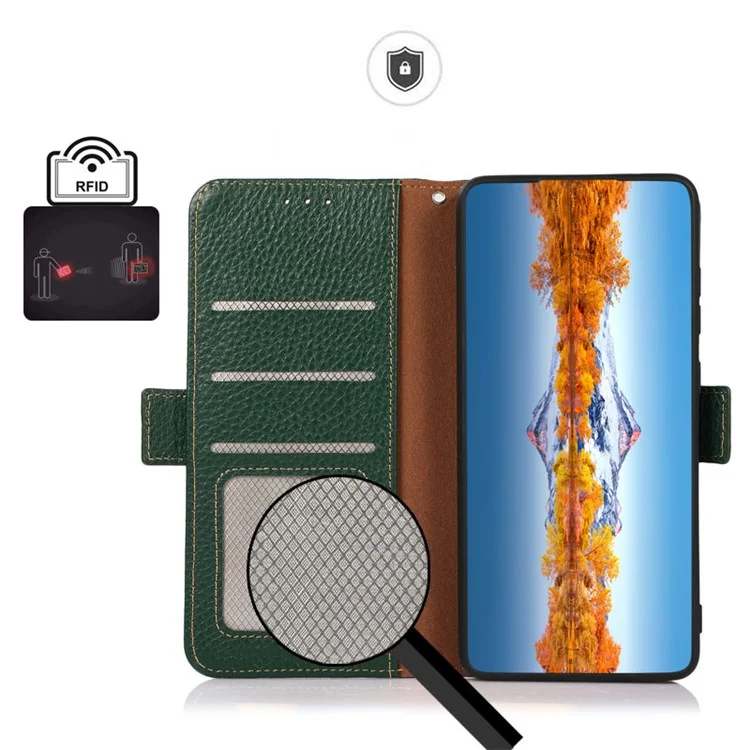 KHAZNEH Anti-theft Swiping RFID Blocking Litchi Skin Genuine Leather Stand Phone Case with Wallet Design for Xiaomi Mi 11 Lite 4G / 5G / 11 Lite 5G NE - Verde