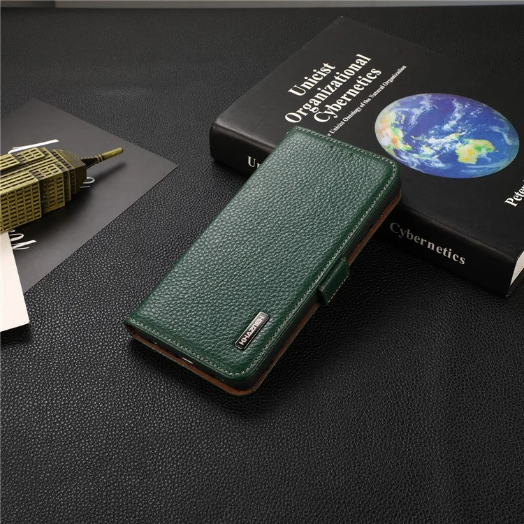 KHAZNEH Anti-theft Swiping RFID Blocking Litchi Skin Genuine Leather Stand Phone Case with Wallet Design for Xiaomi Mi 11 Lite 4G / 5G / 11 Lite 5G NE - Verde