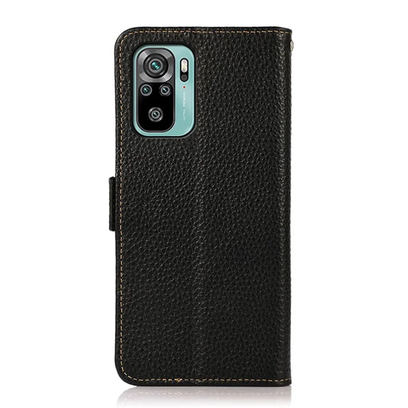 KHAZNEH Anti-theft Swiping Litchi Skin Genuine Leather Stand Phone Case with RFID Blocking Wallet Design for Xiaomi Redmi Note 10 4G / Note 10S / Poco M5s 4G - Black