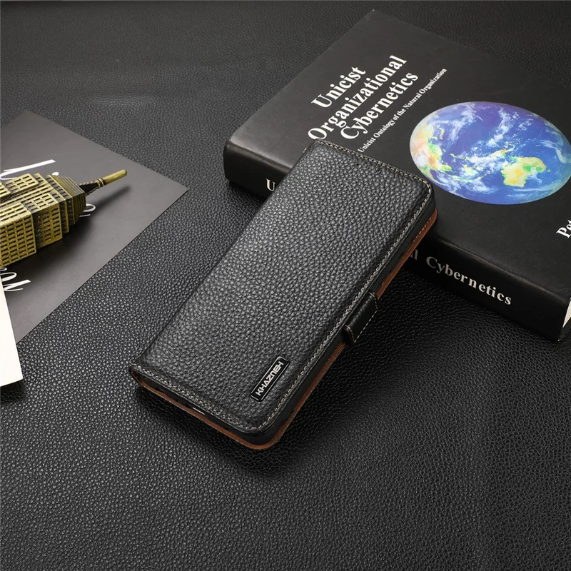 KHAZNEH Anti-theft Swiping Litchi Skin Genuine Leather Stand Phone Case with RFID Blocking Wallet Design for Xiaomi Redmi Note 10 4G / Note 10S / Poco M5s 4G - Black