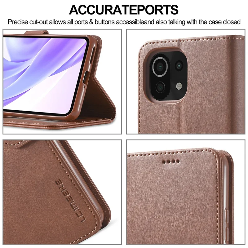 LC.IMEEKE Wallet Stand Leather Protection Shell Phone Cover Case for Xiaomi Mi 11 Lite 4G / 5G / 11 Lite 5G NE - Coffee