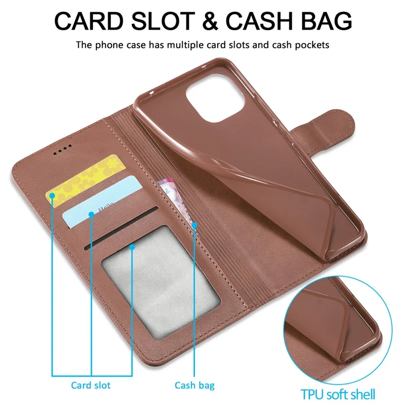 LC.IMEEKE Wallet Stand Leather Protection Shell Phone Cover Case for Xiaomi Mi 11 Lite 4G / 5G / 11 Lite 5G NE - Coffee
