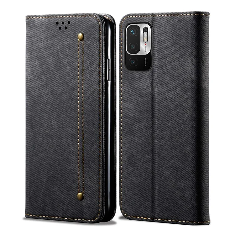 Jeans Cloth Texture Leisure Style Phone Shell Cover Wallet Stand for Xiaomi Redmi Note 10 5G/Poco M3 Pro 5G/4G - Black