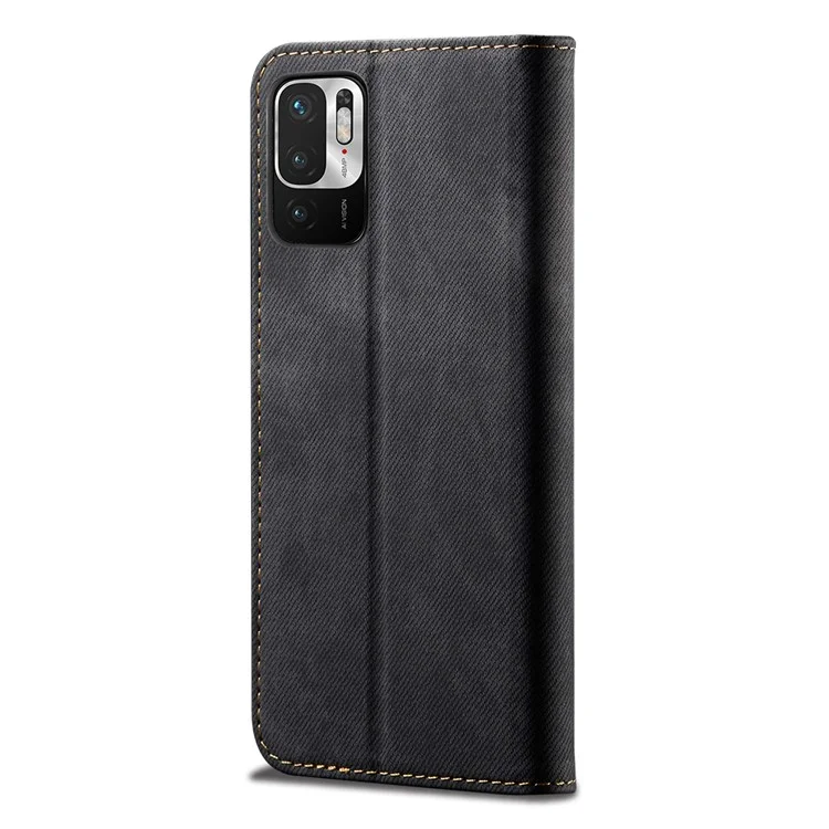 Jeans Cloth Texture Leisure Style Phone Shell Cover Wallet Stand for Xiaomi Redmi Note 10 5G/Poco M3 Pro 5G/4G - Black