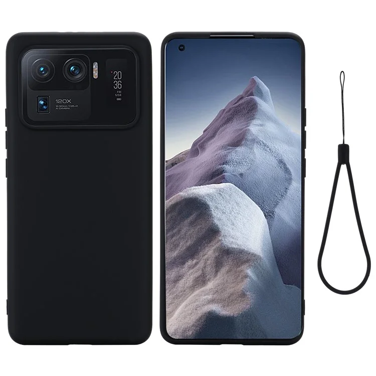 Жидкий силиконовый мягкий защитный чехол с удобным ремешком для Xiaomi Mi 11 Ultra - Черный
