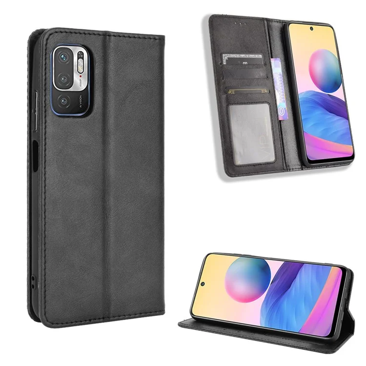 Custodia per portafoglio con chiusura magnetica in stile vintage per Xiaomi Redmi Note 10 5G/Poco M3 Pro 5G/4G - Nero