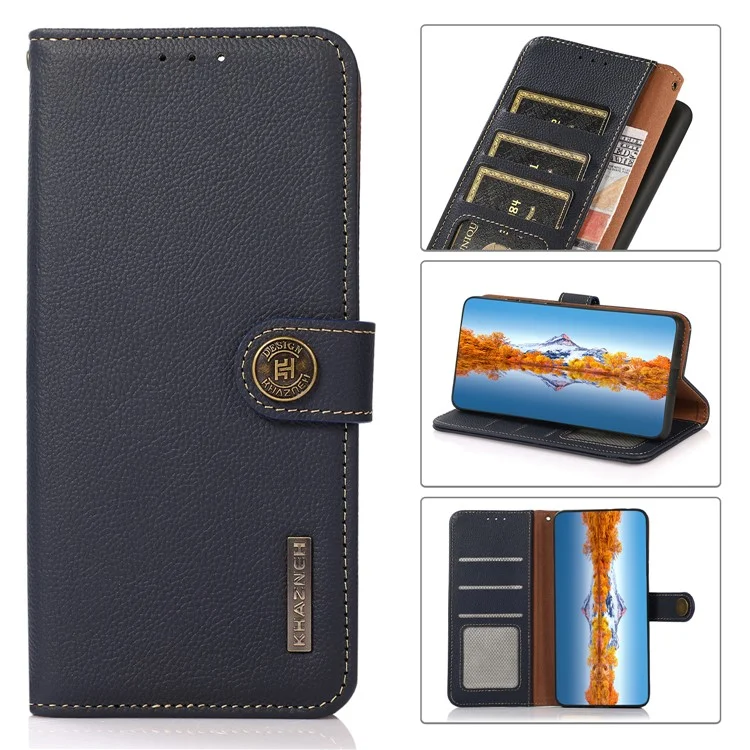 KHAZNEH Full Protection Genuine Leather Phone Shell Case with RFID Blocking Anti-theft Swiping Design for Xiaomi Redmi Note 10 5G/Poco M3 Pro 4G/Poco M3 Pro 5G - Blue