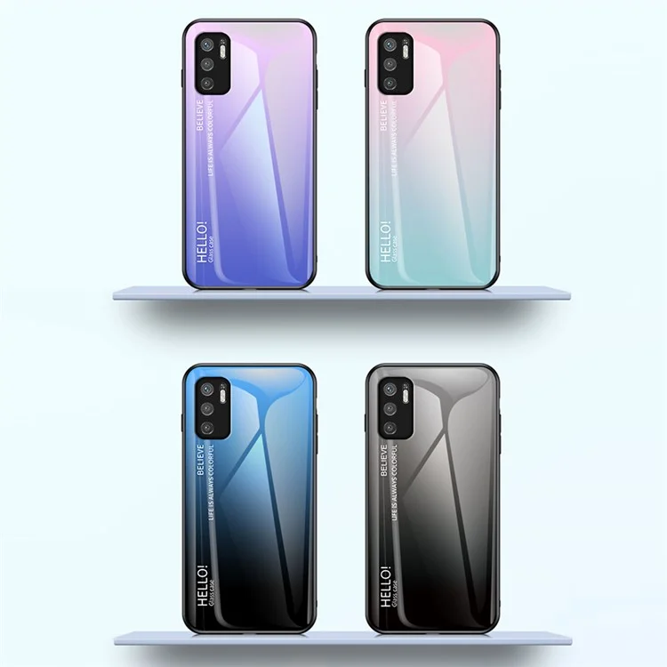 Well-Protected Color Gradient Design Tempered Glass Anti-Scratch Cell Phone Back Case for Xiaomi Redmi Note 10 5G/Poco M3 Pro 4G/Poco M3 Pro 5G - Rose/Blue