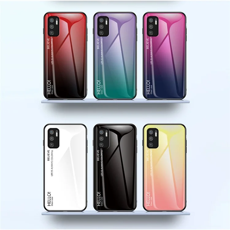 Well-Protected Color Gradient Design Tempered Glass Anti-Scratch Cell Phone Back Case for Xiaomi Redmi Note 10 5G/Poco M3 Pro 4G/Poco M3 Pro 5G - Rose/Blue