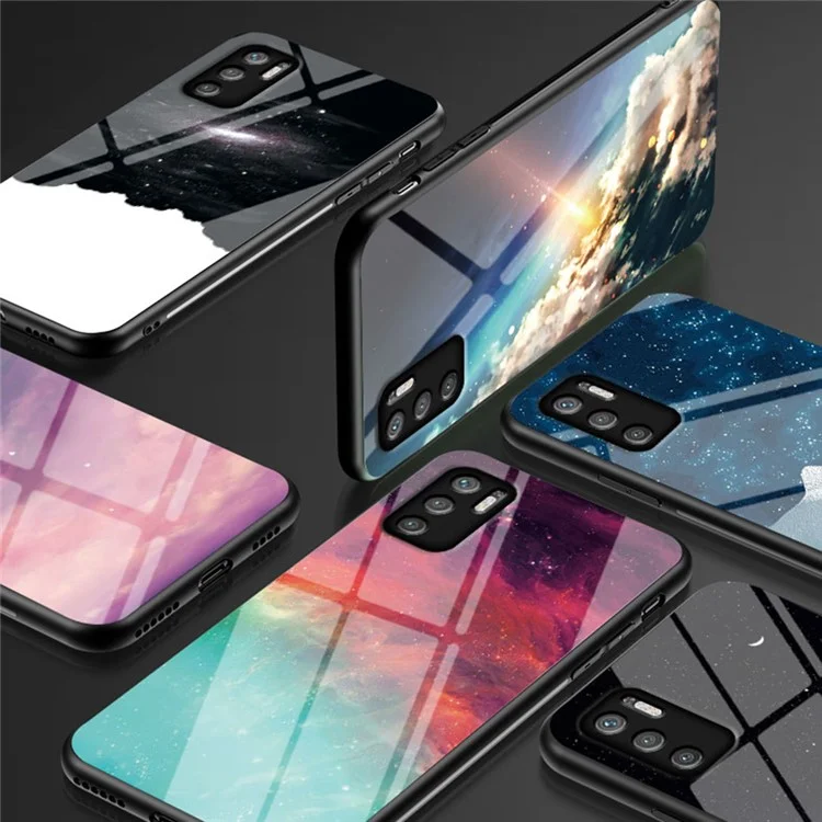 Custodia ibrida per telefono con copertura in vetro temperato anti-graffio con motivo cielo stellato per Xiaomi Redmi Note 10 5G/Poco M3 Pro 4G/Poco M3 Pro 5G - Colore Sky