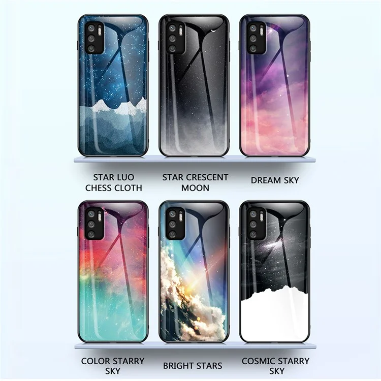 Custodia ibrida per telefono con copertura in vetro temperato anti-graffio con motivo cielo stellato per Xiaomi Redmi Note 10 5G/Poco M3 Pro 4G/Poco M3 Pro 5G - Colore Sky