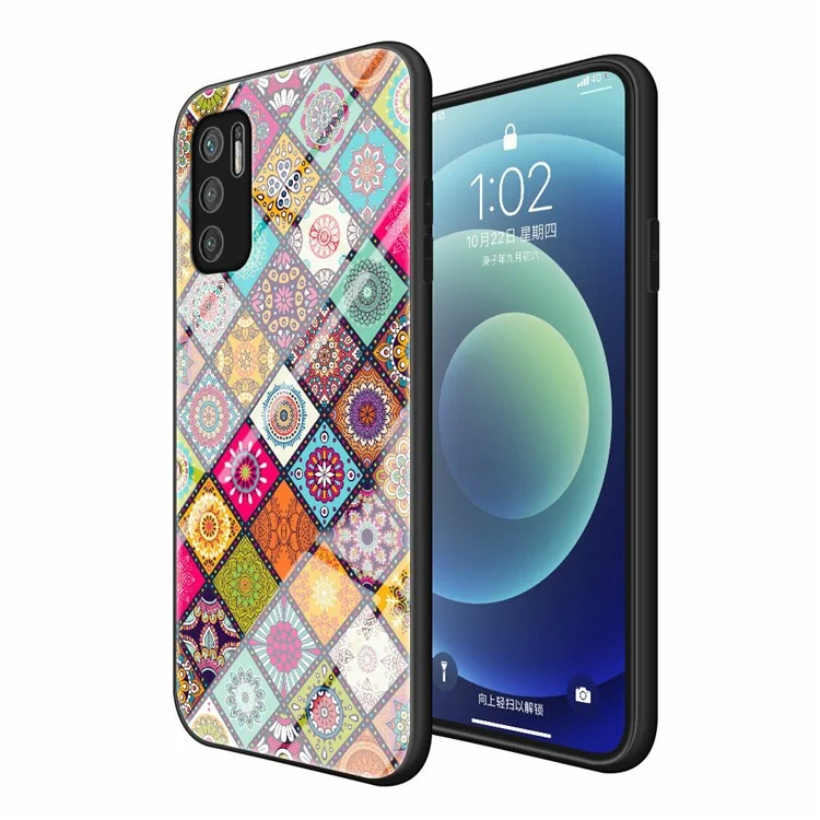Custodia per telefono posteriore ibrida in vetro + PC + TPU con stampa a colori e supporto per Xiaomi Redmi Note 10 5G/Poco M3 Pro 4G/Poco M3 Pro 5G - Modello a colori