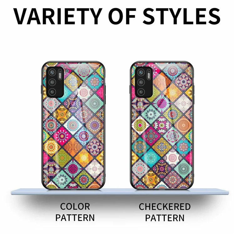 Custodia per telefono posteriore ibrida in vetro + PC + TPU con stampa a colori e supporto per Xiaomi Redmi Note 10 5G/Poco M3 Pro 4G/Poco M3 Pro 5G - Modello a colori
