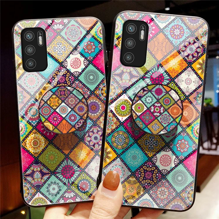 Custodia per telefono posteriore ibrida in vetro + PC + TPU con stampa a colori e supporto per Xiaomi Redmi Note 10 5G/Poco M3 Pro 4G/Poco M3 Pro 5G - Modello a colori