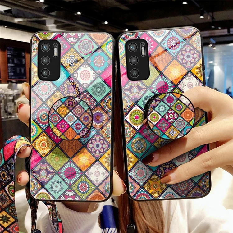 Custodia per telefono posteriore ibrida in vetro + PC + TPU con stampa a colori e supporto per Xiaomi Redmi Note 10 5G/Poco M3 Pro 4G/Poco M3 Pro 5G - Modello a colori