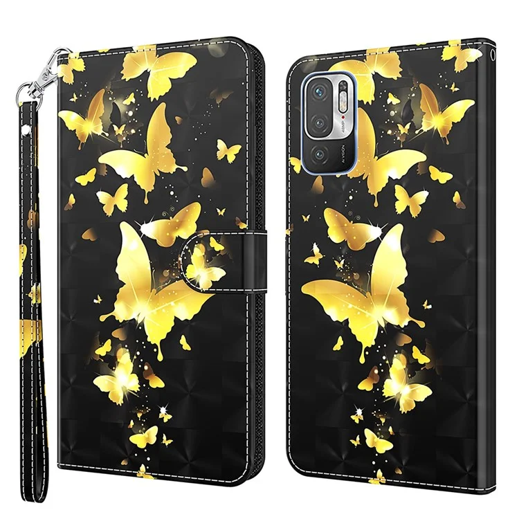 For Xiaomi Redmi Note 10 5G/Xiaomi Poco M3 Pro 4G / 5G Wallet Phone Case Pattern Printed PU Leather Magnetic Closure Flip Cover with Strap/Cards Holder - Gold Butterfly