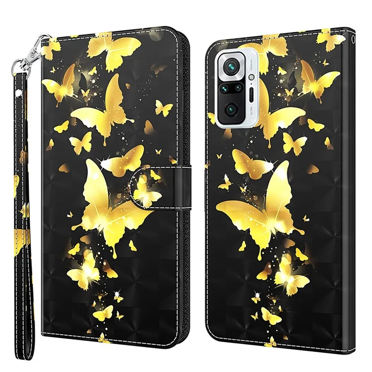 Stand de Billetera PU Cuero 3D Patrón de Imprenta de la Cubierta Del Teléfono Para Xiaomi Redmi Note 10 Pro Max/Note 10 Pro 4G (Global)/(India) - Mariposa Dorada