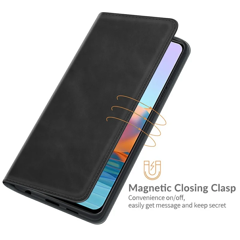For Xiaomi Redmi Note 10 Pro Auto-Absorbed Folio Flip Skin-touch Leather Wallet Stand Cover Protective Shell - Black