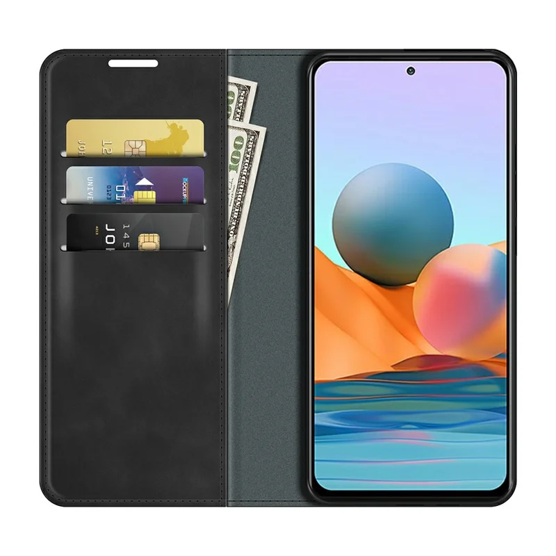 For Xiaomi Redmi Note 10 Pro Auto-Absorbed Folio Flip Skin-touch Leather Wallet Stand Cover Protective Shell - Black