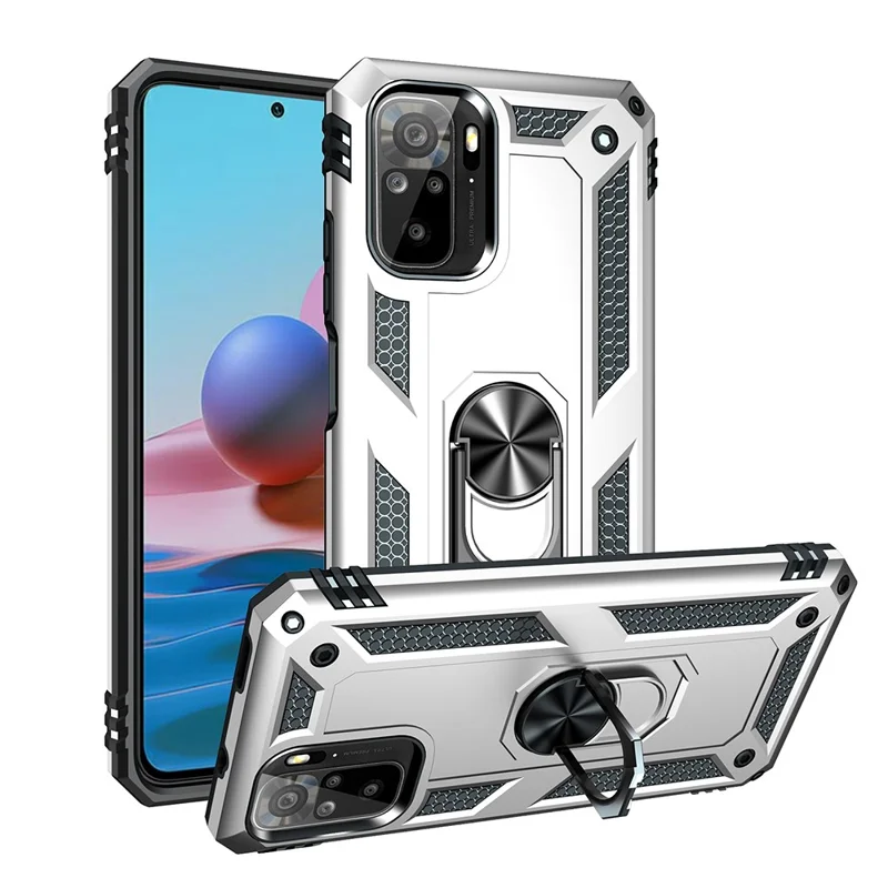 For Xiaomi Poco M5s 4G / Redmi Note 10 4G / Note 10S 4G Hybrid PC + TPU Phone Case with Finger Ring Kickstand - Silver
