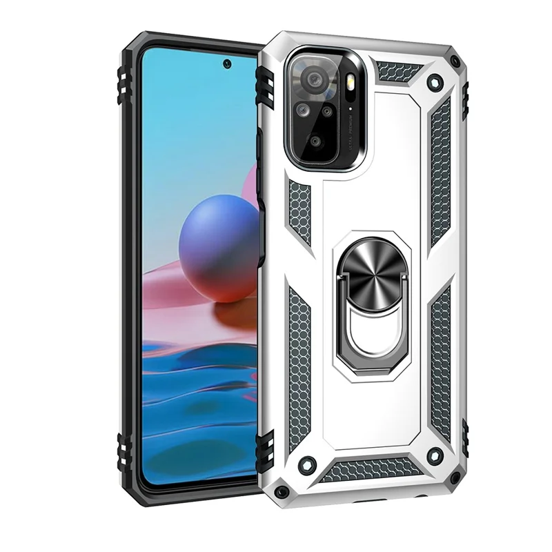 For Xiaomi Poco M5s 4G / Redmi Note 10 4G / Note 10S 4G Hybrid PC + TPU Phone Case with Finger Ring Kickstand - Silver