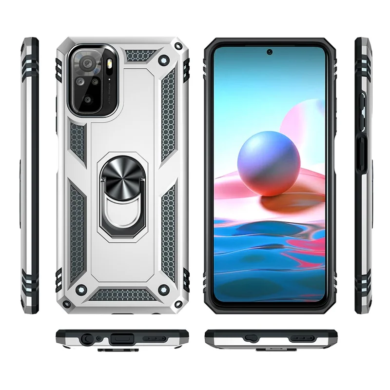 For Xiaomi Poco M5s 4G / Redmi Note 10 4G / Note 10S 4G Hybrid PC + TPU Phone Case with Finger Ring Kickstand - Silver