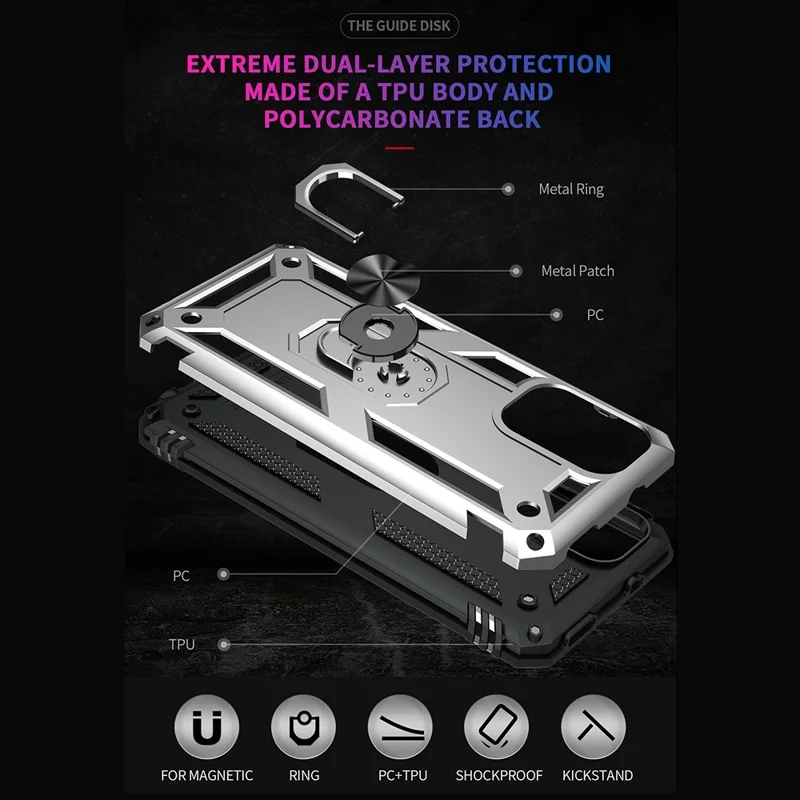 For Xiaomi Poco M5s 4G / Redmi Note 10 4G / Note 10S 4G Hybrid PC + TPU Phone Case with Finger Ring Kickstand - Silver