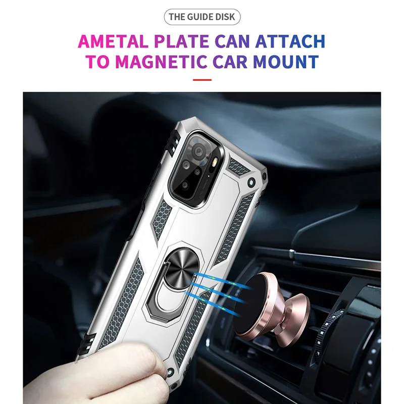 For Xiaomi Poco M5s 4G / Redmi Note 10 4G / Note 10S 4G Hybrid PC + TPU Phone Case with Finger Ring Kickstand - Silver