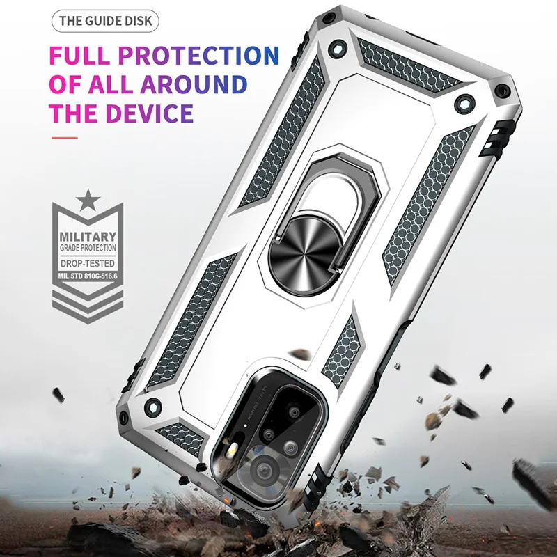 For Xiaomi Poco M5s 4G / Redmi Note 10 4G / Note 10S 4G Hybrid PC + TPU Phone Case with Finger Ring Kickstand - Silver