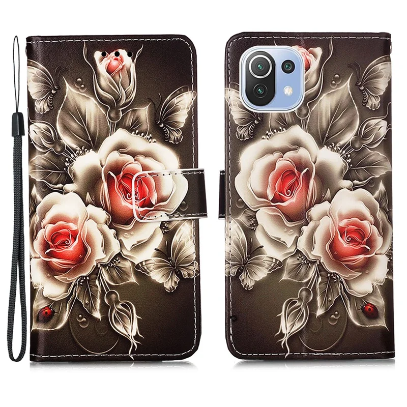 Pattern Printing Leather Wallet Stand Protector Case with Lanyard for Xiaomi Mi 11 Lite 4G / 5G / 11 Lite 5G NE - Vivid Rose
