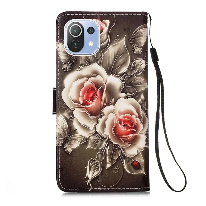 Pattern Printing Leather Wallet Stand Protector Case with Lanyard for Xiaomi Mi 11 Lite 4G / 5G / 11 Lite 5G NE - Vivid Rose