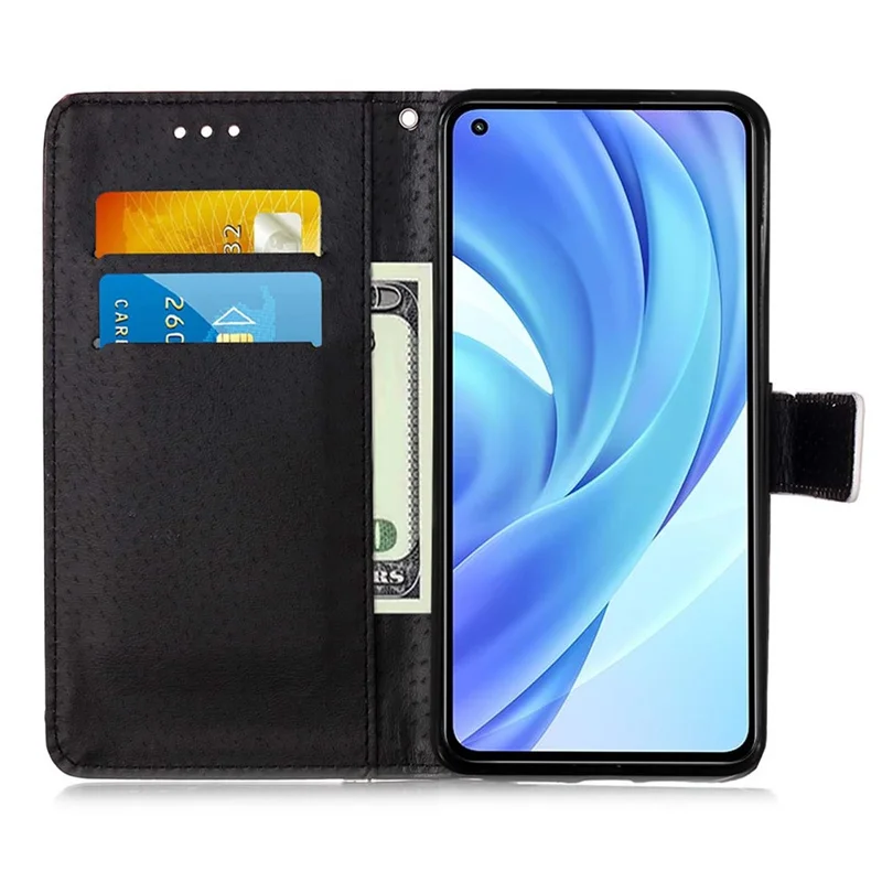 Pattern Printing Leather Wallet Stand Protector Case with Lanyard for Xiaomi Mi 11 Lite 4G / 5G / 11 Lite 5G NE - Vivid Rose