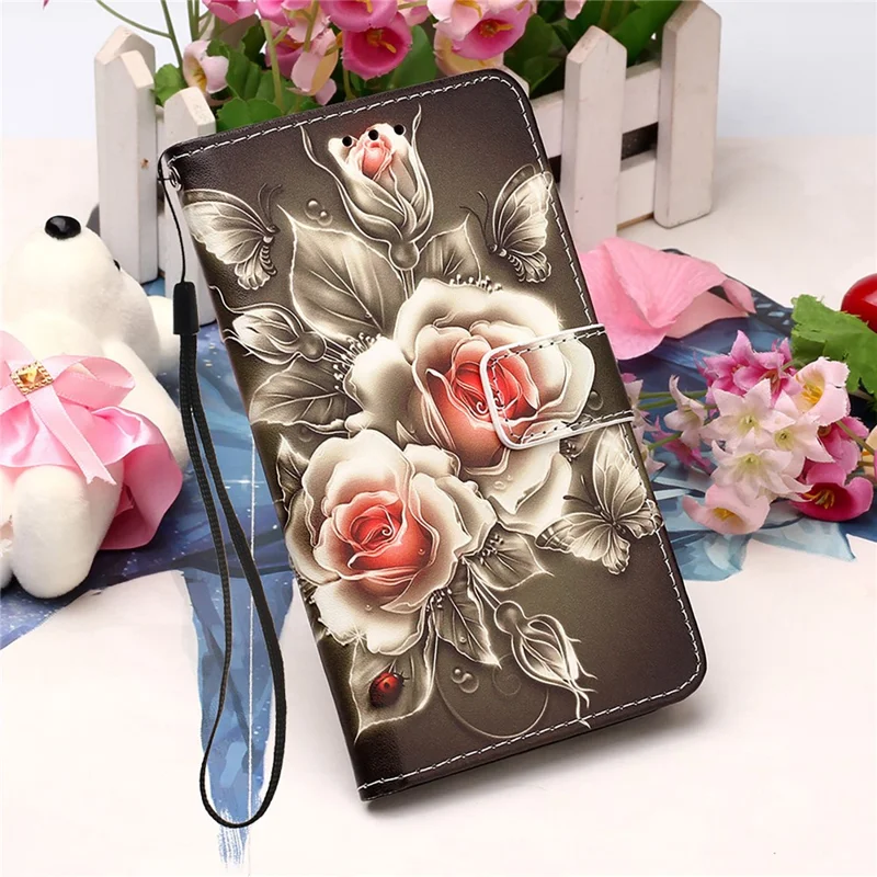 Pattern Printing Leather Wallet Stand Protector Case with Lanyard for Xiaomi Mi 11 Lite 4G / 5G / 11 Lite 5G NE - Vivid Rose