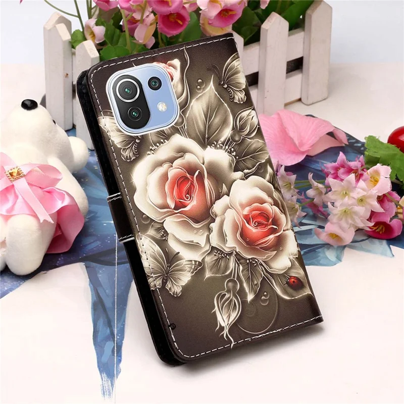 Pattern Printing Leather Wallet Stand Protector Case with Lanyard for Xiaomi Mi 11 Lite 4G / 5G / 11 Lite 5G NE - Vivid Rose