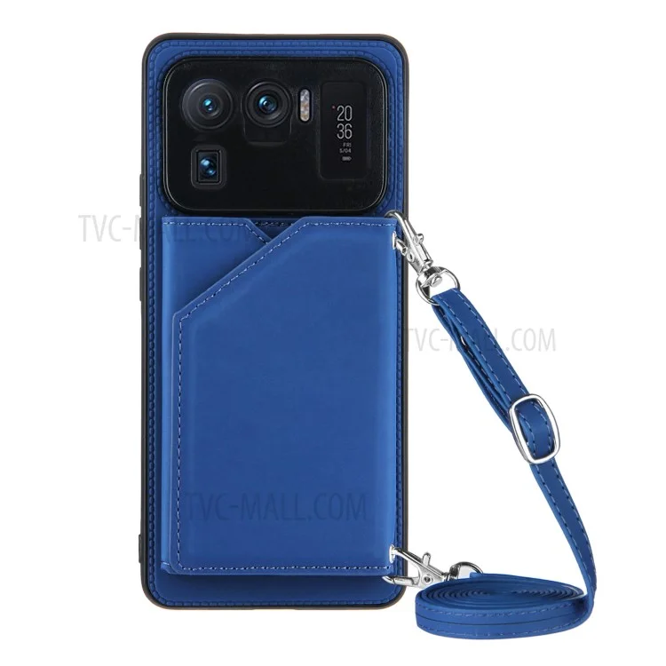 Stand Card Holder Rubberized Leather Skin TPU Phone Case for Xiaomi Mi 11 Ultra - Blue