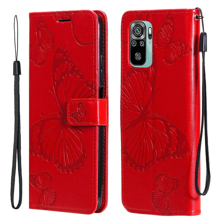 KT Imprinting Flower Series-2 Imprint Butterflies Pattern Wallet Stand Leather Phone Covering Case per Xiaomi Poco M5s 4G / Redmi Note 10 4G / Redmi Note 10S 4G - Rosso