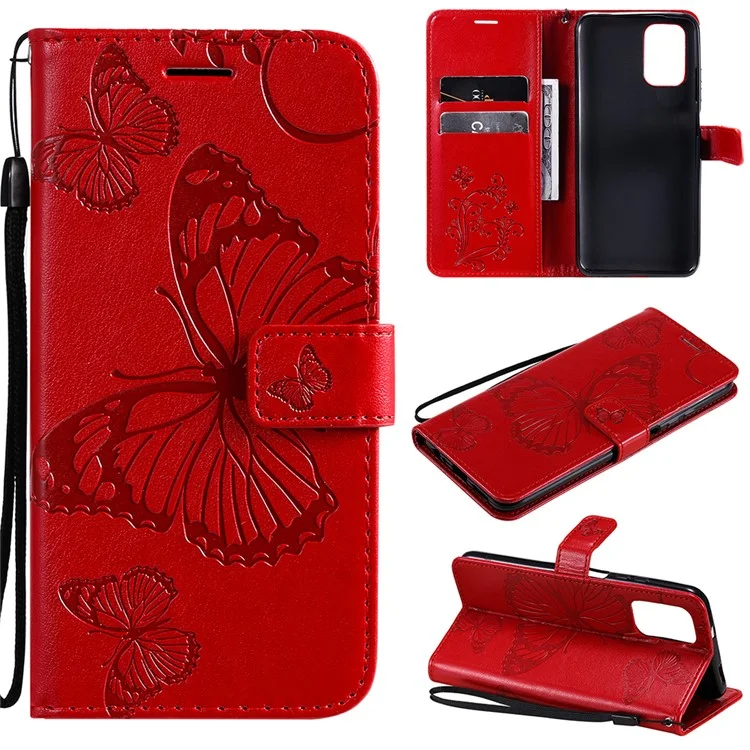 KT Imprinting Flower Series-2 Imprint Butterflies Pattern Wallet Stand Leather Phone Covering Case per Xiaomi Poco M5s 4G / Redmi Note 10 4G / Redmi Note 10S 4G - Rosso