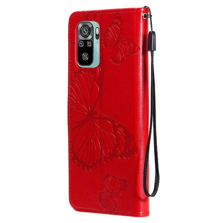 KT Imprinting Flower Series-2 Imprint Butterflies Pattern Wallet Stand Leather Phone Covering Case per Xiaomi Poco M5s 4G / Redmi Note 10 4G / Redmi Note 10S 4G - Rosso