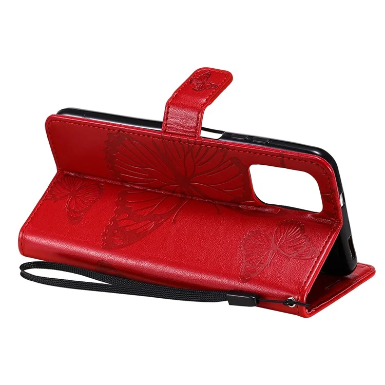 KT Imprinting Flower Series-2 Imprint Butterflies Pattern Wallet Stand Leather Phone Covering Case per Xiaomi Poco M5s 4G / Redmi Note 10 4G / Redmi Note 10S 4G - Rosso