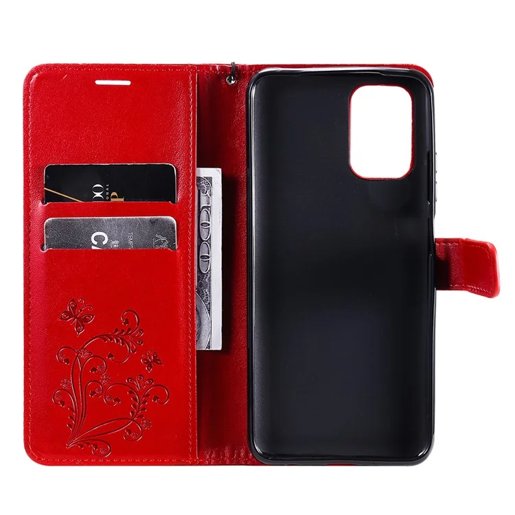 KT Imprinting Flower Series-2 Imprint Butterflies Pattern Wallet Stand Leather Phone Covering Case per Xiaomi Poco M5s 4G / Redmi Note 10 4G / Redmi Note 10S 4G - Rosso