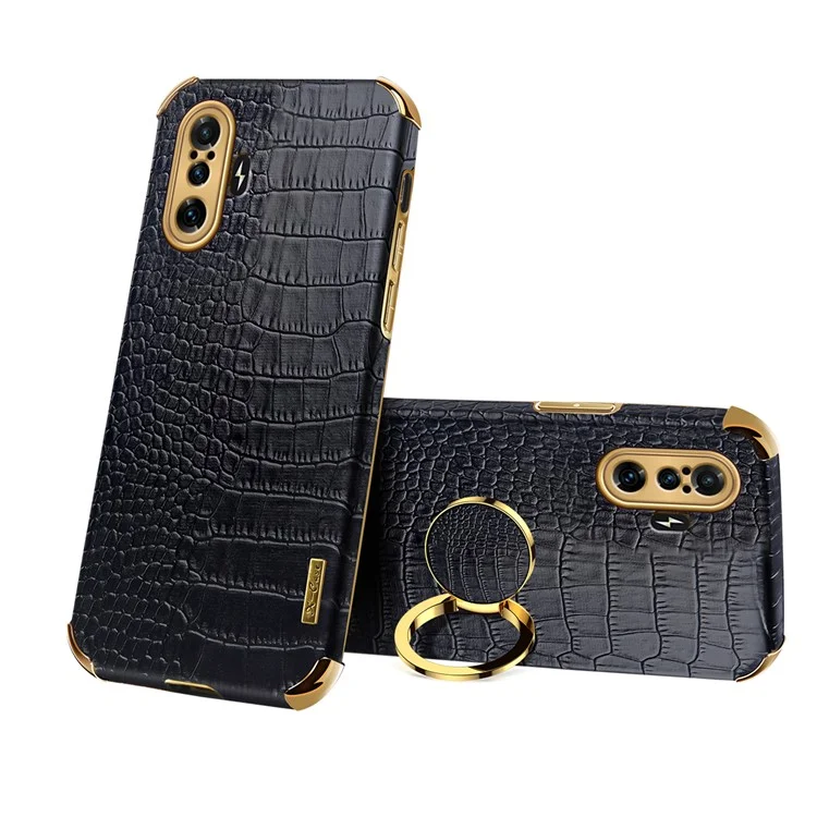 Anel Kickstand Design 6d Galvanoplado Textura De Couro Revestido De Couro Tpu Case De Telefone Para Xiaomi Redmi K40 Gaming - Preto