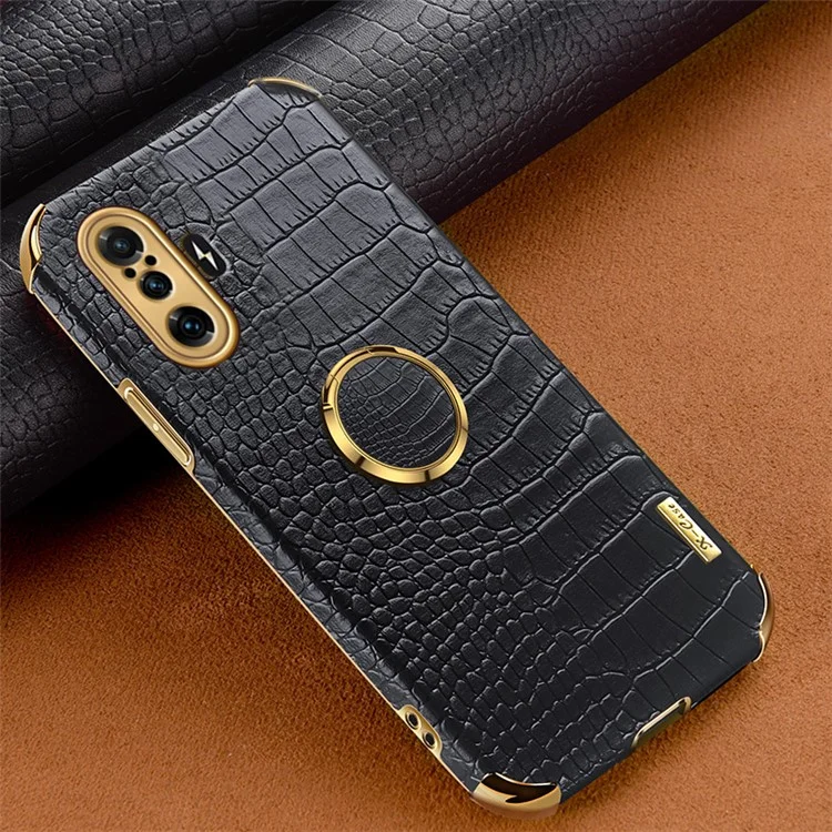 Anel Kickstand Design 6d Galvanoplado Textura De Couro Revestido De Couro Tpu Case De Telefone Para Xiaomi Redmi K40 Gaming - Preto