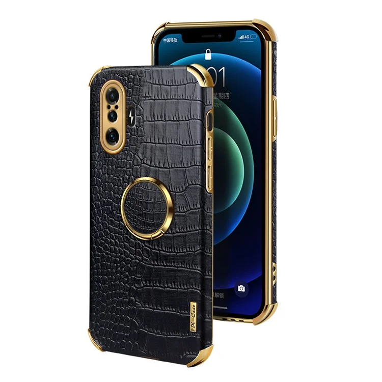 Anel Kickstand Design 6d Galvanoplado Textura De Couro Revestido De Couro Tpu Case De Telefone Para Xiaomi Redmi K40 Gaming - Preto