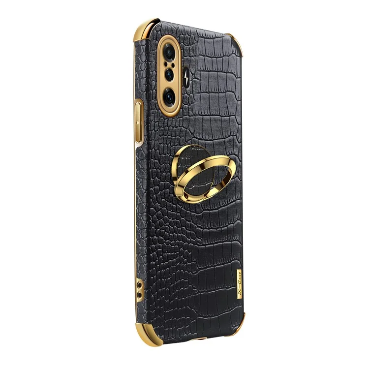 Anel Kickstand Design 6d Galvanoplado Textura De Couro Revestido De Couro Tpu Case De Telefone Para Xiaomi Redmi K40 Gaming - Preto